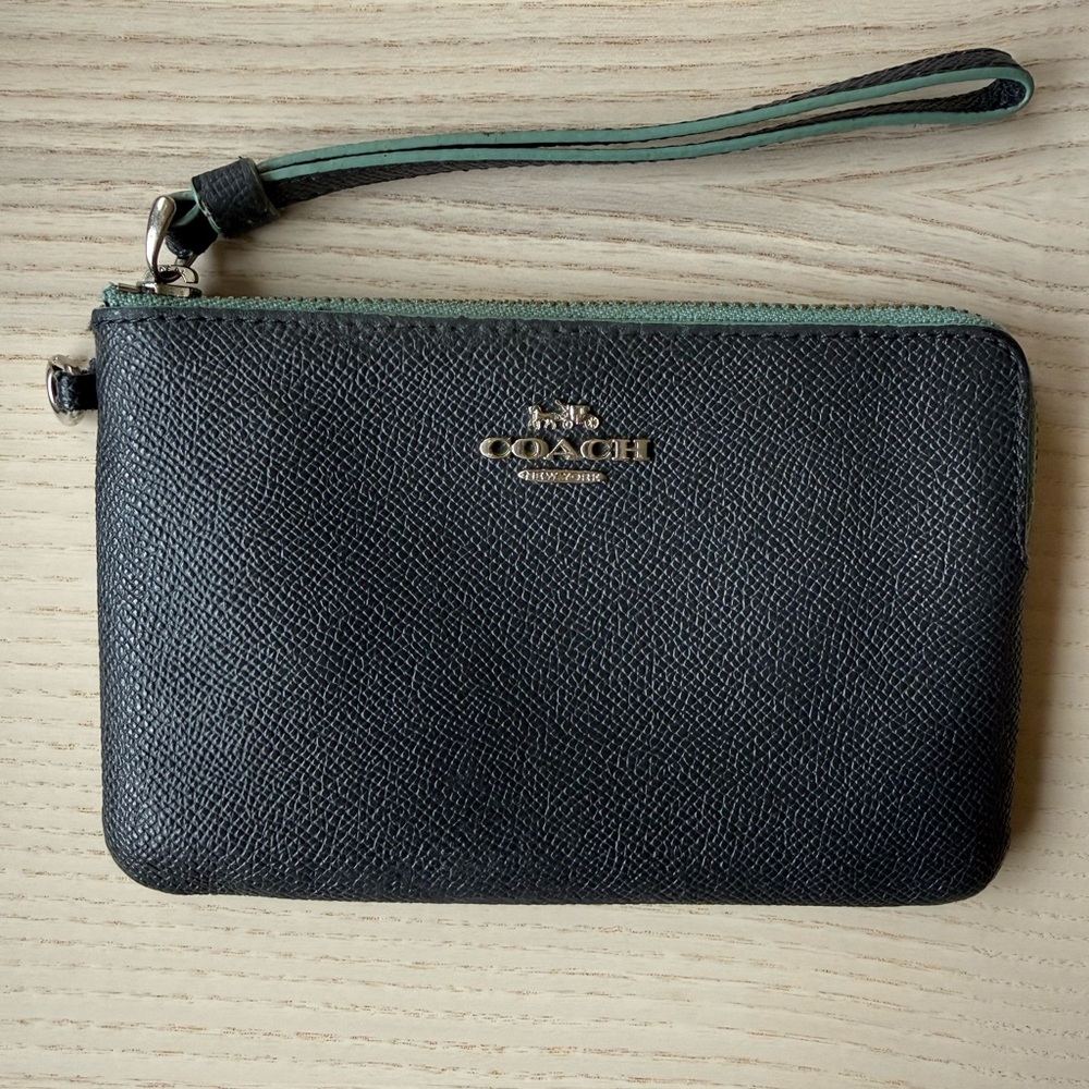 COACH Saffiano Leather Wristlet / Black with Mint Trim